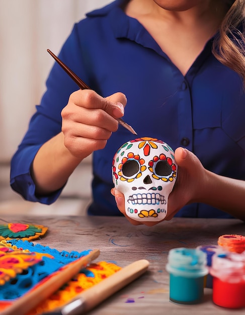 Photo person painting colorful sugar skull for day of the dead celebration