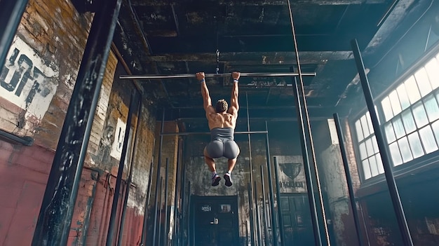 Photo person performing pullups in a gritty urban gym