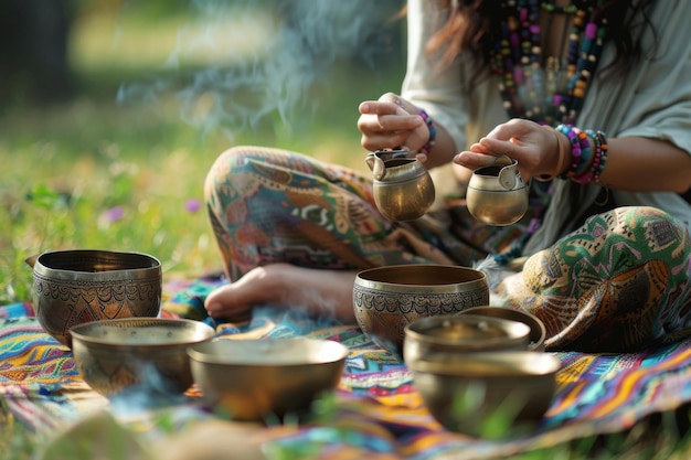 Photo a person performing a traditional singing bowl ritual in a natural setting surrounded by vibrant textiles and calming incense smoke