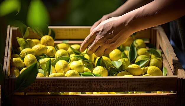 Photo a person picks lemons from a crate in a fruit shop in the style of wimmelbilder