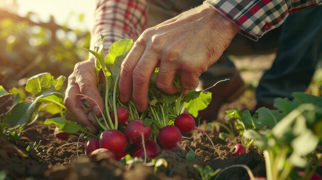 Person picks radishes from soil