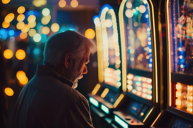 Person placing bet on slot machine with glassy lights and spinning reels visible