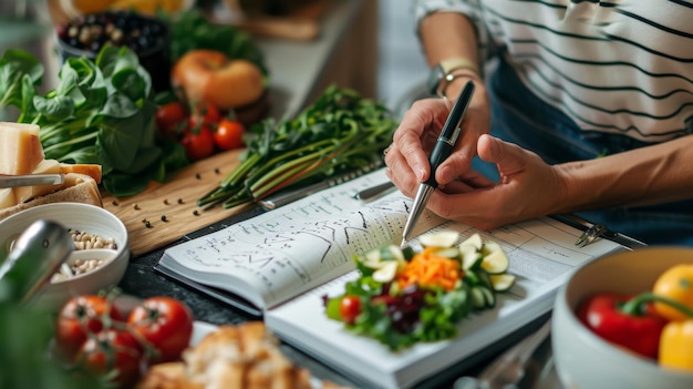 Photo person planning meals in a kitchen with fresh vegetables and a notebook concept of healthy eating cooking and meal preparation