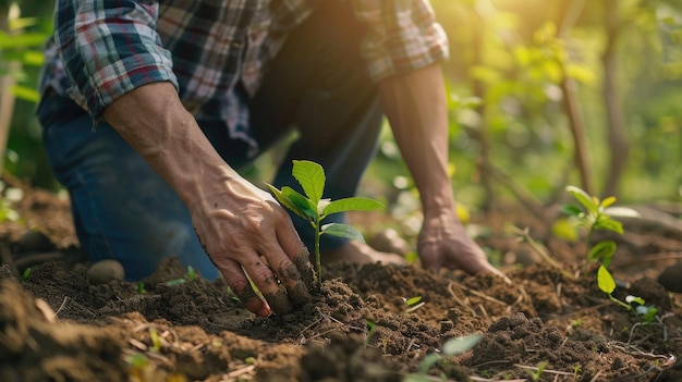 Person planting seedling in soil early morning sunlight