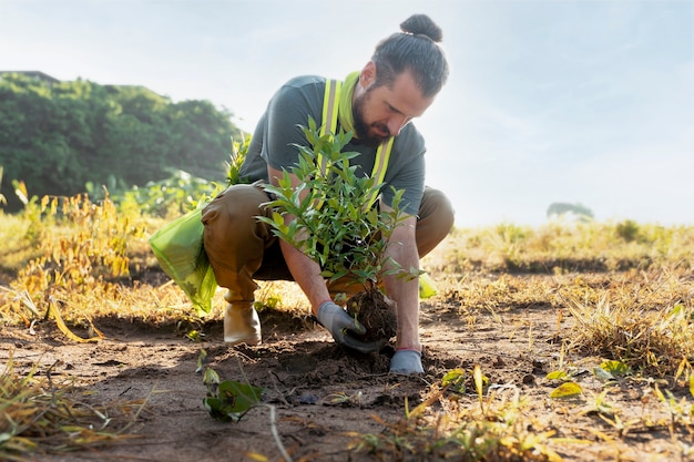 Person planting tree on the countryside