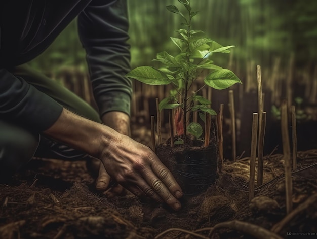 A person planting a tree in a forest