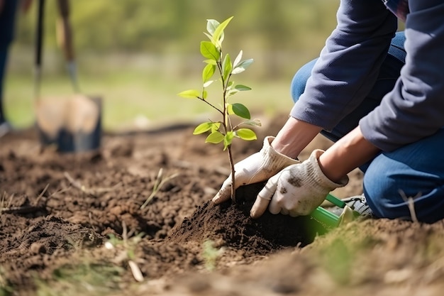 A person planting a tree in a garden