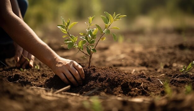 A person planting trees or flowers contributing to the global effort