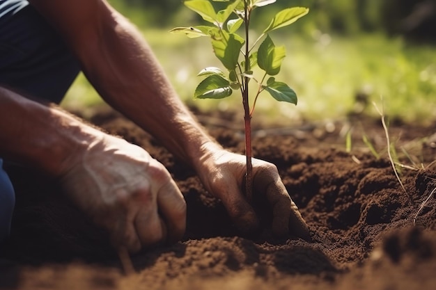 Person planting young tree closeup on hands and plant Generative AI