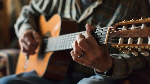 Person playing guitar closeup on hands and strings