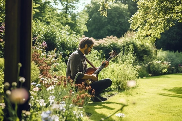 Photo a person playing a musical instrument in a peaceful garden mental health