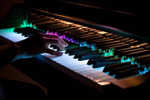 A person playing a piano with a lit up keyboard