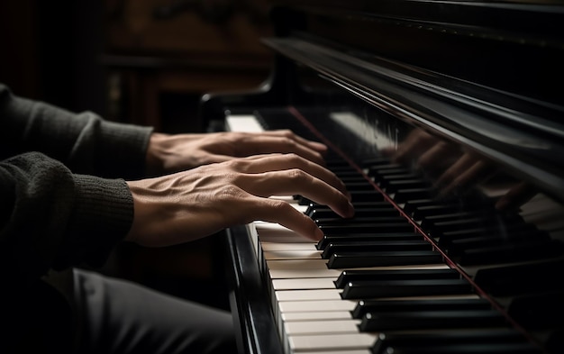 A person playing a piano with the word piano on the top