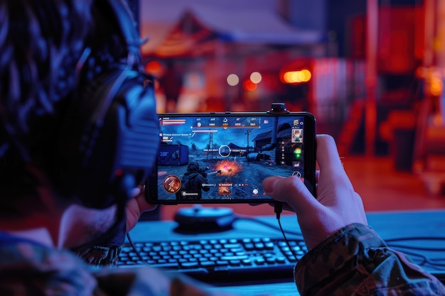 A person plays a mobile firstperson shooter game on a smartphone while wearing headphones