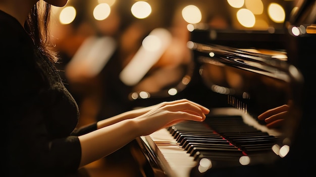 A person plays the piano in a concert setting