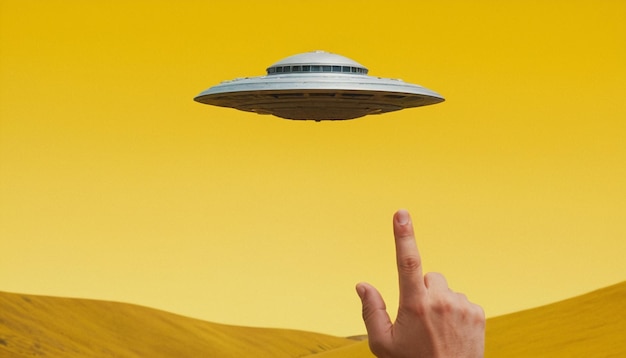 Photo a person pointing at a spaceship in the sky with the finger pointing at the finger