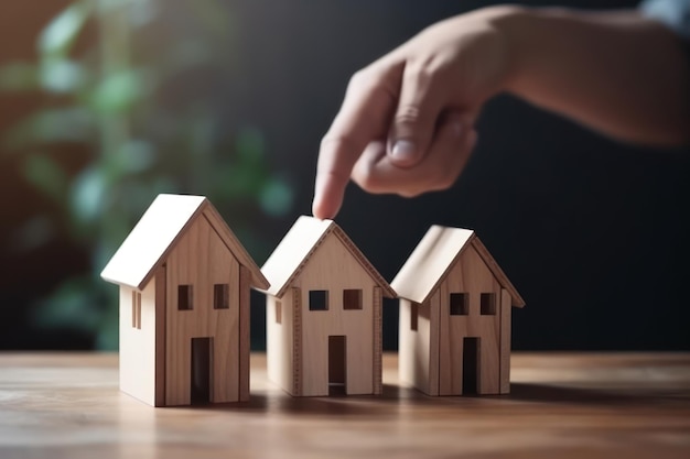 A person pointing to a wooden house with a finger pointing at it.