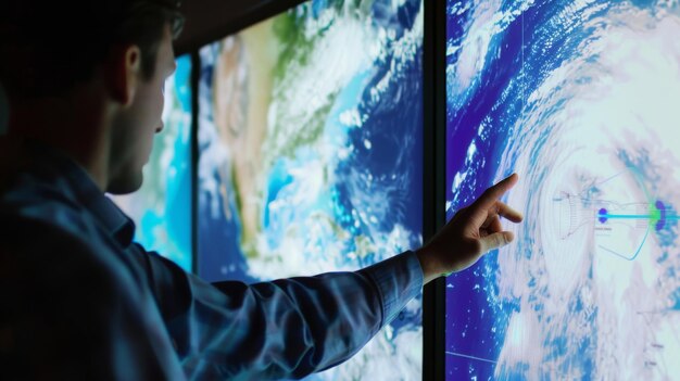 Photo a person points at a digital weather map on a large screen emphasizing interactive technology and realtime meteorological analysis