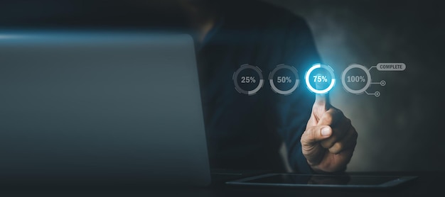 A person points to a process hologram the percentage of the system activity showing the process giving an idea of how long the system is running The working concept is a systematic process