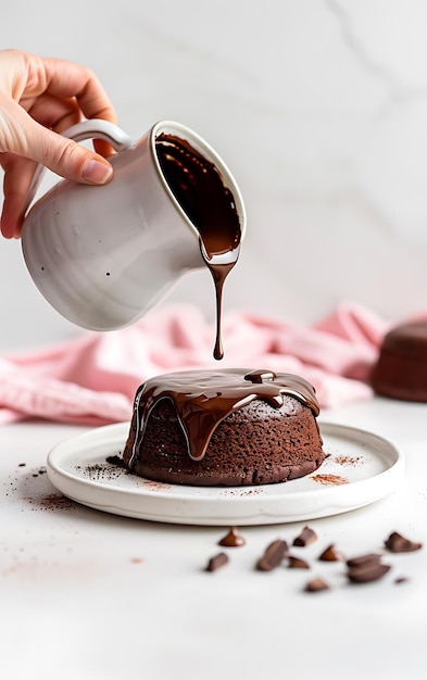 a person pouring chocolate sauce on a plate with a cake on it