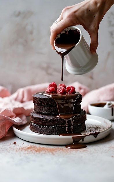 a person pouring chocolate syrup into a chocolate cake