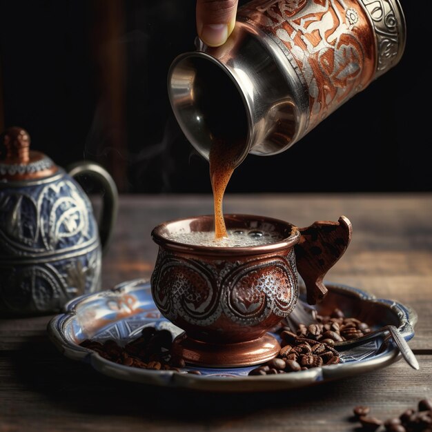 A person pouring coffee into a cup with a blue plate with coffee beans on it.