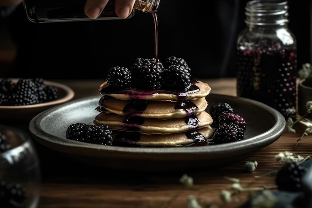 Person Pouring Elderberry Syrup On Pancakes Generative AI