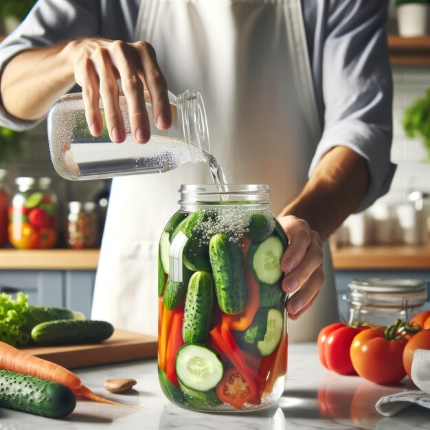 A person pouring purified water into a glass jar containing fresh vegetables ready for preserving