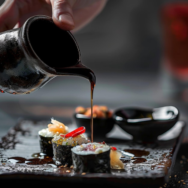 Photo a person pouring some sushi sauce into a cup