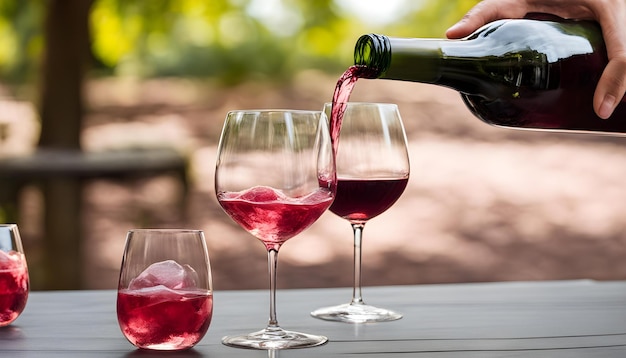 a person pouring wine into two glasses with one being poured into them