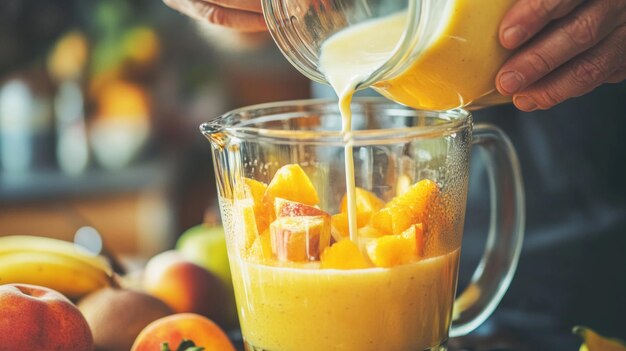 Photo a person pours a creamy mixture into a blender filled with vibrant fresh fruits including peaches and bananas in a cozy kitchen capturing a morning of healthy cooking