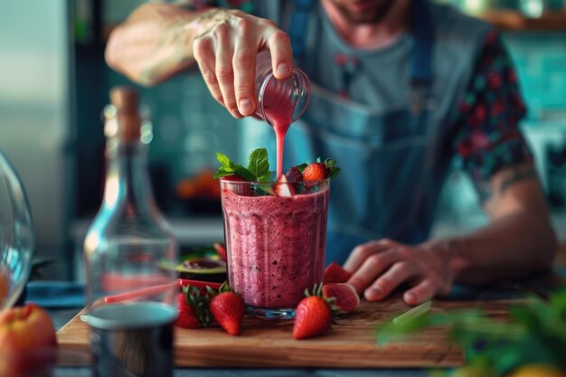 Photo a person pours a fresh smoothie in the kitchen with a variety of fruits on the counter aig58