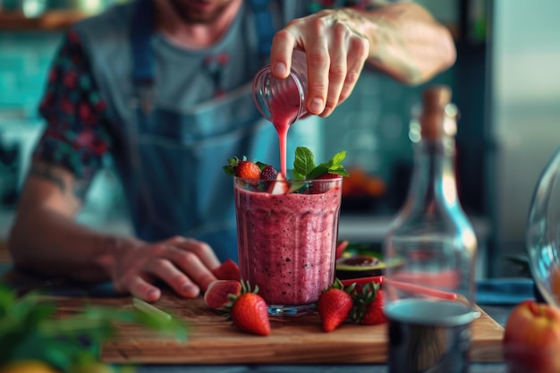 Photo a person pours a fresh smoothie in the kitchen with a variety of fruits on the counter aig58