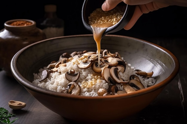 A person pours rice into a large bowl and fungus mixed rice seasoning over the rice Generative AI