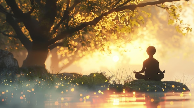 A person practices meditation in a serene setting focusing on their breath and achieving inner peace