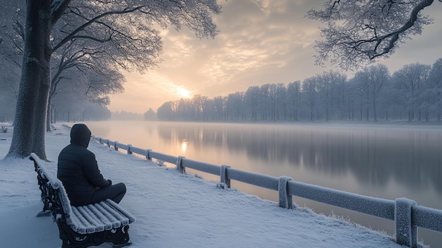 Photo a person practicing meditation in a peaceful winter landscape with snowcovered trees