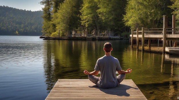 Photo person practicing meditation on a quiet secluded beach peaceful scene serene atmosphere