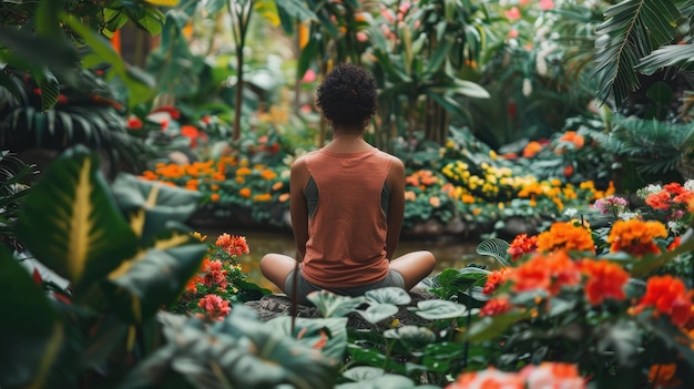 Photo a person practicing mindfulness and deep breathing exercises in a peaceful garden surrounded by blooming flowers and lush foliage