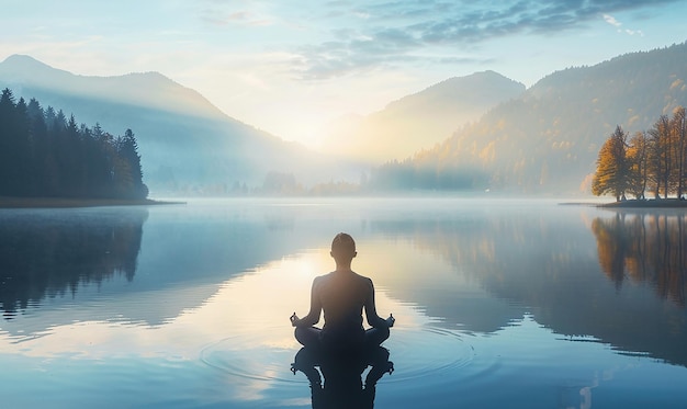 Photo person practicing mindfulness meditation by a tranquil lake