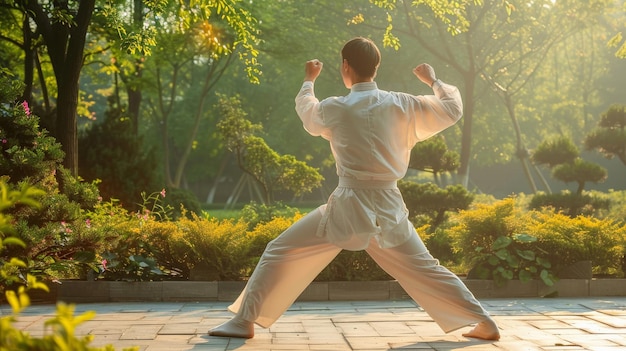 A person practicing tai chi in a peaceful outdoor setting focusing on slow and deliberate movements