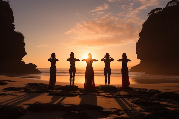 Person practicing yoga on beach during sunset Generative AI