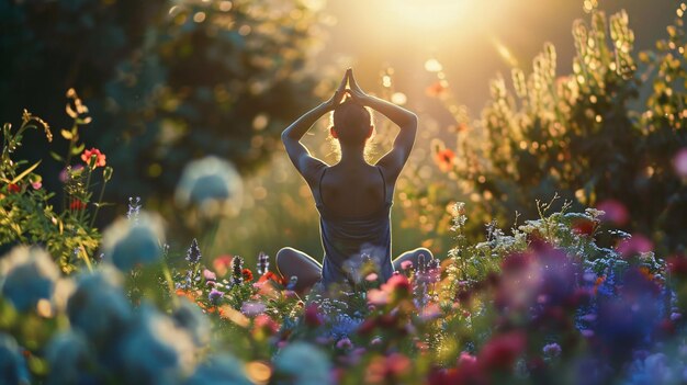 A person practicing yoga in the garden full of beautiful colorful flowers