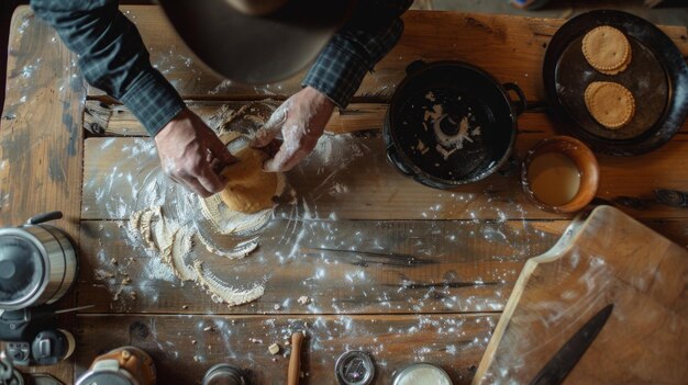 Photo a person prepares cookie dough by rolling it out on a flourdusted wooden surface surrounded by