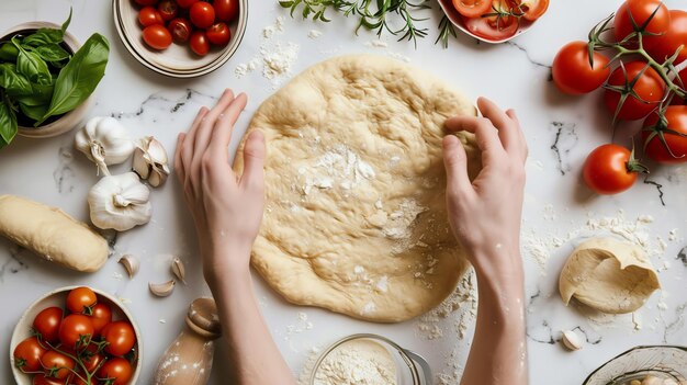 Photo a person prepares pizza dough on a kitchen counter surrounded by fresh ingredients