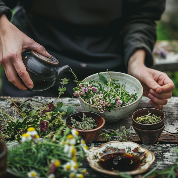 Photo a person preparing a herbal tea with fresh garden herbs