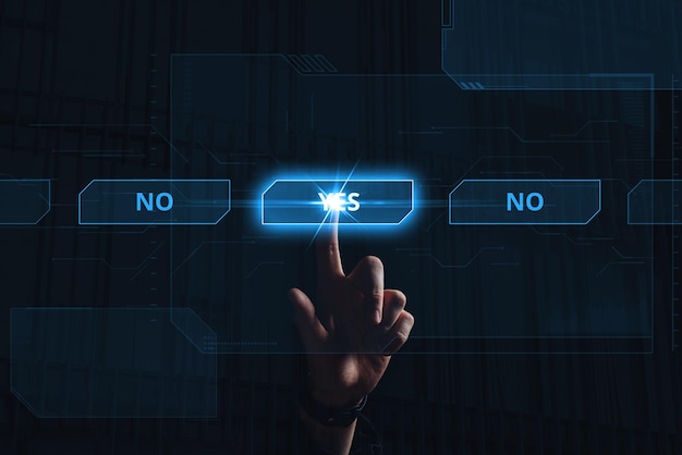 The person presses the holographic display with yes or no buttons Choice and decision concept