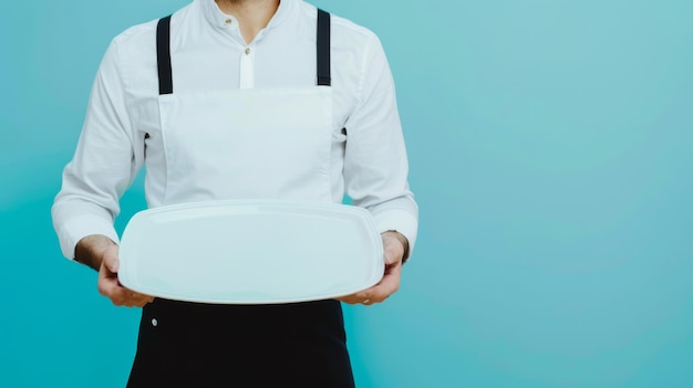 Photo a person in a professional uniform holds an empty white tray against a turquoise background ready for service with a sense of professionalism