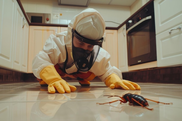 Photo a person in protective gear inspects a cockroach on a kitchen floor highlighting a focused effort to maintain cleanliness and hygiene