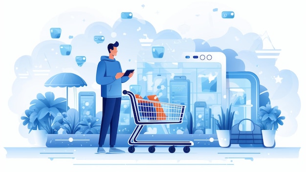 A person pushes a shopping cart and chooses products lustration