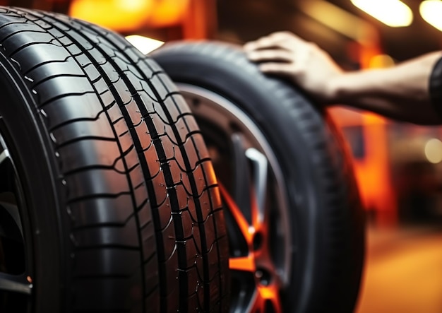 Photo a person pushing a tire on a machine.